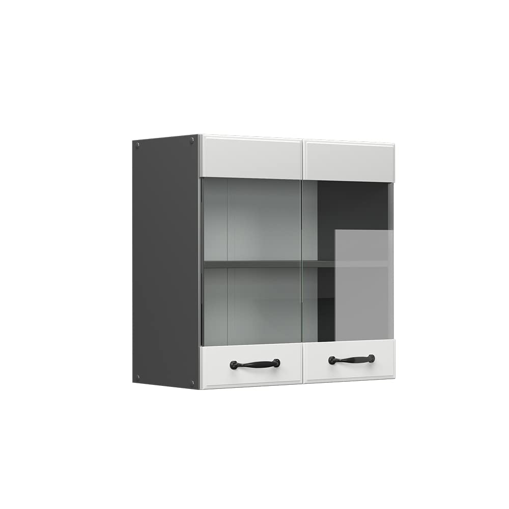 Vicco Küchenschrank Glas R-Line, Weiss Landhaus/Anthrazit, 60 cm Hängeglasschrank 60 cm, Hängeglassc