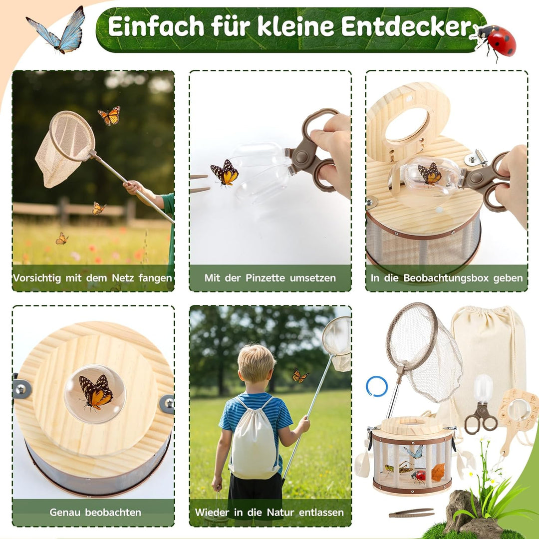 GAGAKU Holz Insektenfänger Set für Kinder – Forscherset mit Becherlupe &amp; Beobachtungsbox – Waldkinde