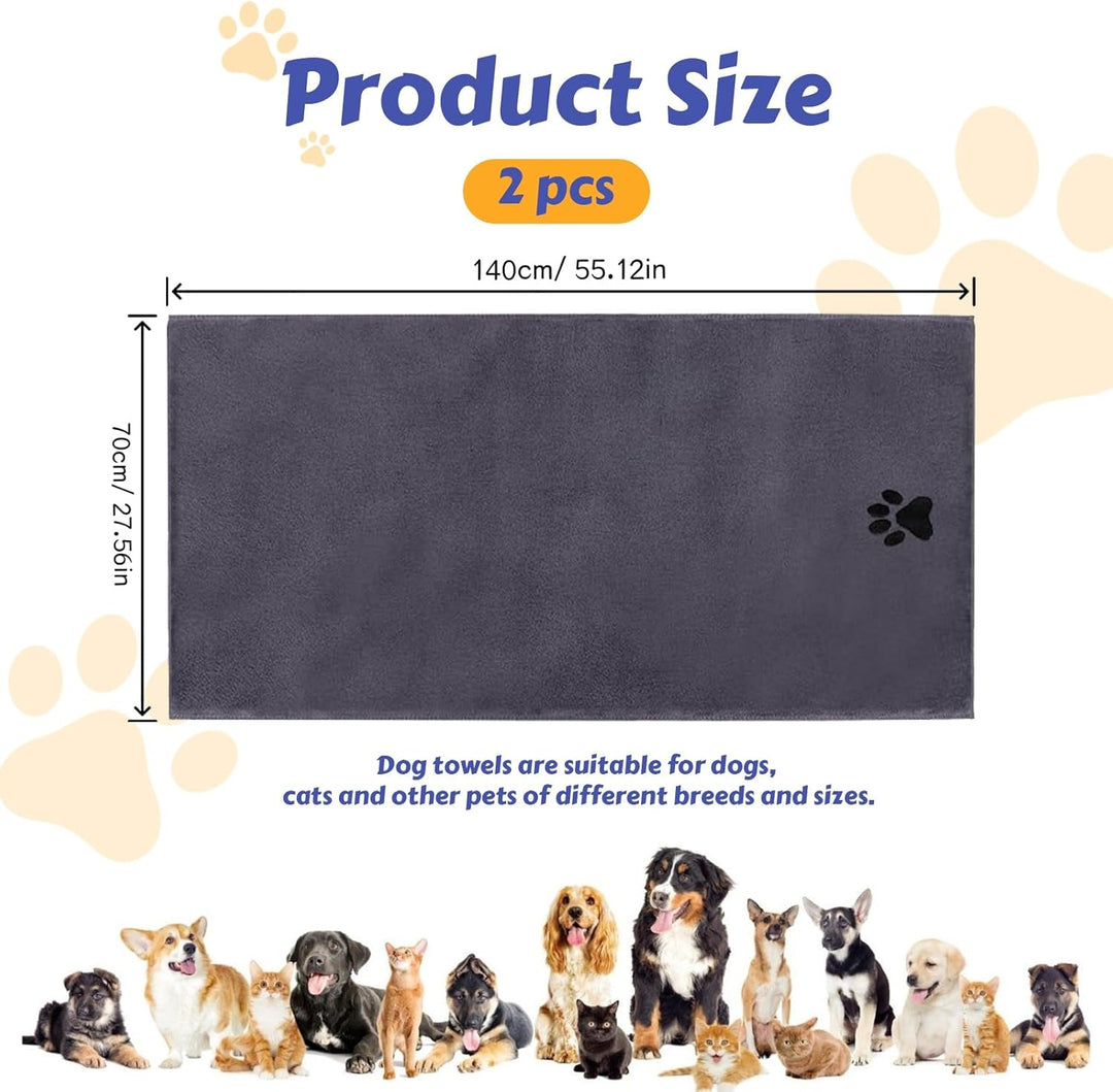 2 Stück Hunde Handtuch 140 x 70 cm, Hundehandtuch Extra Saugfähig und Weich Schnelltrocknend Mikrofa