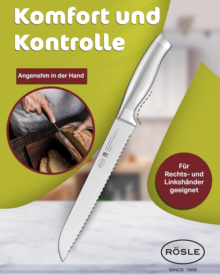 RÖSLE Brotmesser Basic Line, Hochwertiges Küchenmesser zum Schneiden von Brot, Brötchen und Baguette