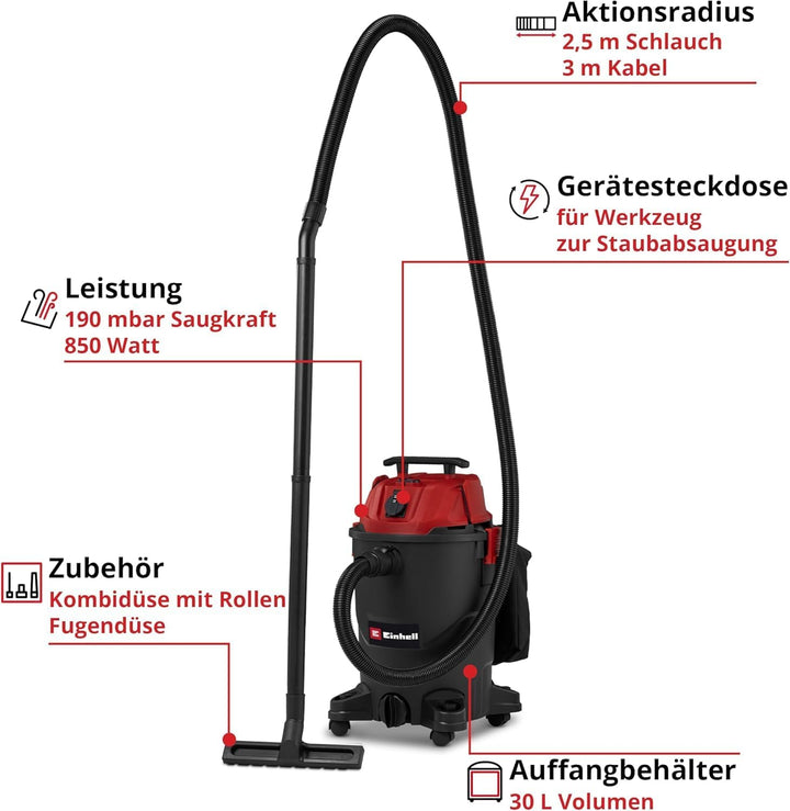 Einhell Nass-Trockensauger TC-VC 3055 A (850 Watt, 190 mbar Saugleistung, Automatiksteckdose, 30 L A