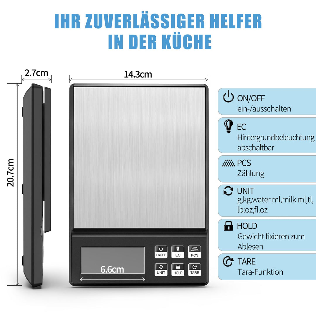 MRUN BONE Digitale Küchenwaage 5kg/0,1g – Hochpräzise Bäckereiwaage mit Zählfunktion & Tara, Edelsta