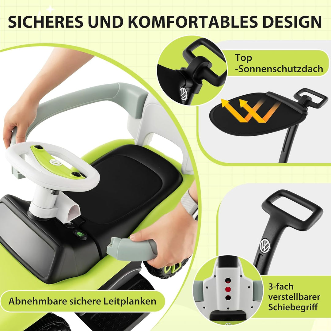 COSTWAY 3 in 1 Volkswagen Rutschauto, Schiebeauto mit verstellbarem Schiebegriff & Sonnendach, Rutsc
