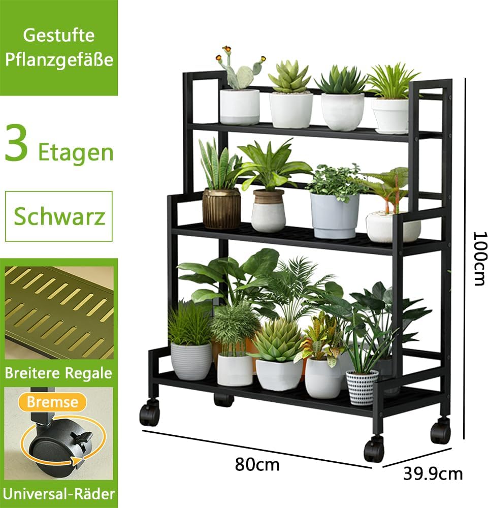 Pflanzenständer Metall Blumenständer, 3 Etagen Grosser Kapazität Pflanzständer mit 4 Rollen, Multifu