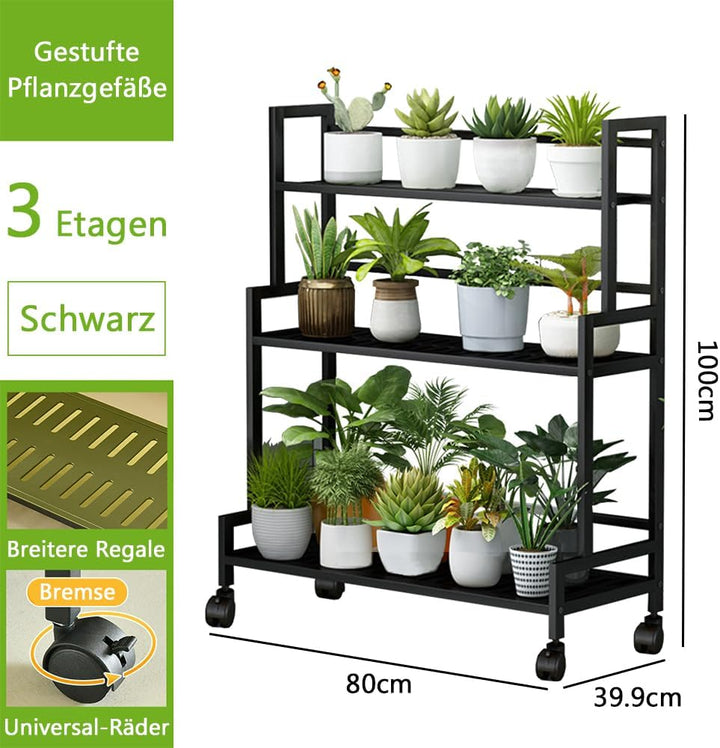 Pflanzenständer Metall Blumenständer, 3 Etagen Grosser Kapazität Pflanzständer mit 4 Rollen, Multifu