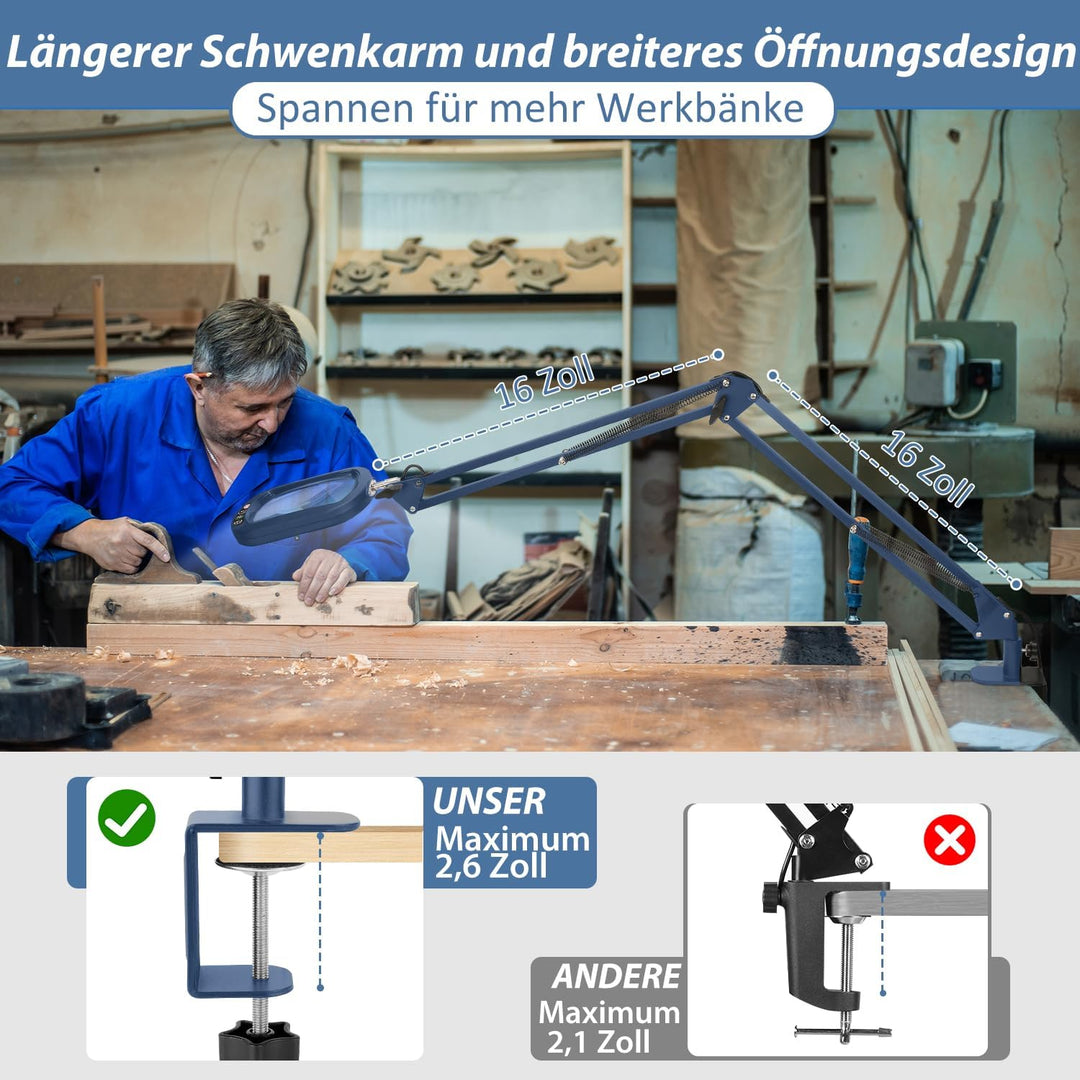 Veemagni 10X Echtes Glas Rechteckige Lupe mit Licht und Klemme, Leselupe 5 Farbmodi Stufenlos Dimmen