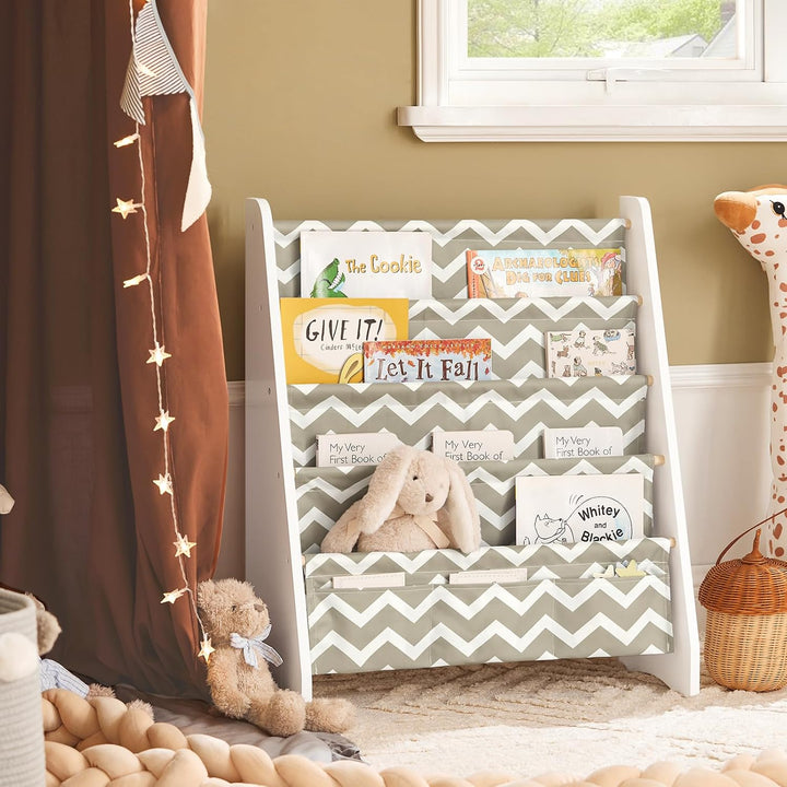 SoBuy Bücherregal Kinder Montessori Regal Kinderzimmer mit 4 Stofffächern Aufbewahrung Spielzeug & B