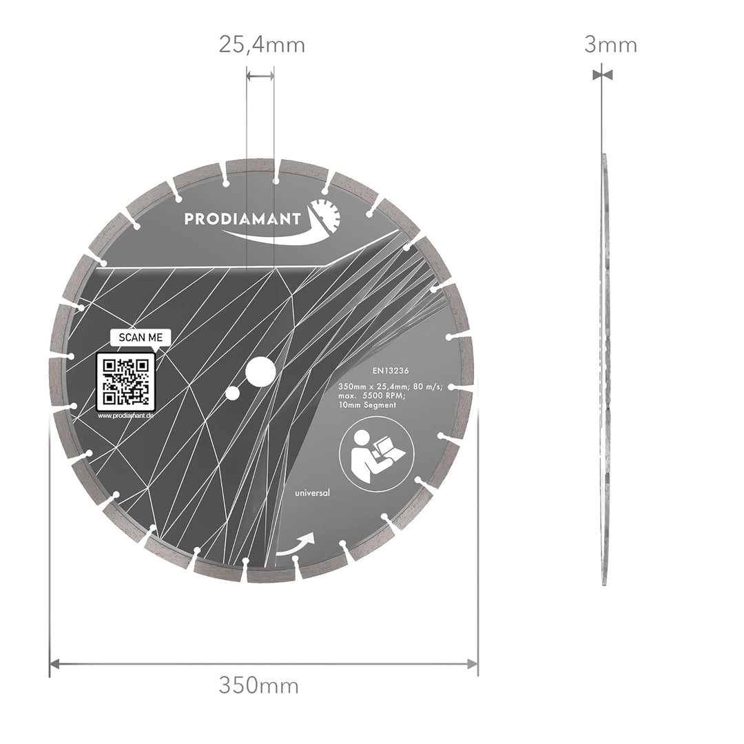 PRODIAMANT Premium Diamant-Trennscheibe universal 350 mm x 25,4 mm Blocksegment Segmenthöhe 10mm 350