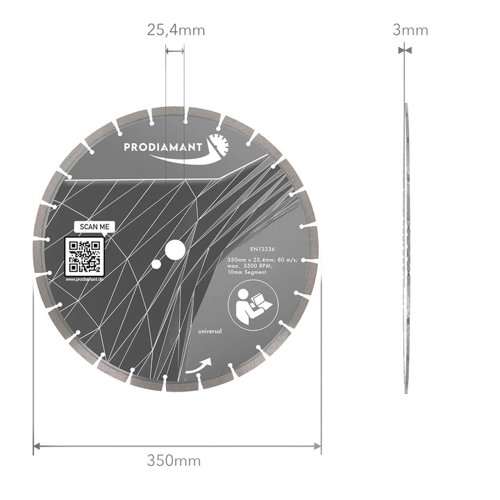 PRODIAMANT Premium Diamant-Trennscheibe universal 350 mm x 25,4 mm Blocksegment Segmenthöhe 10mm 350