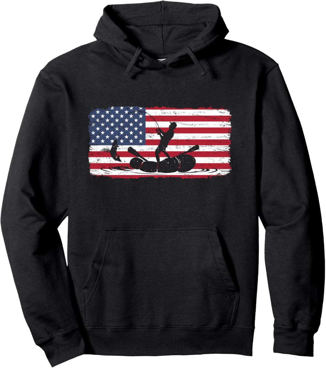 American Flag Fishing Boat Vintage 4ht of July USA Fisherman Pullover Hoodie