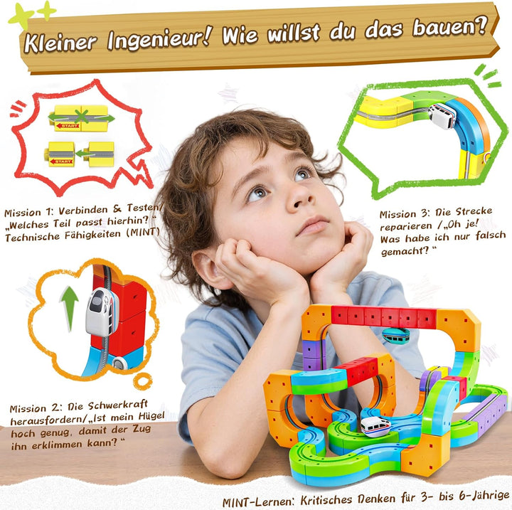 Cubix 3D Zug Set - Cube Track elektrische Kindereisenbahn mit Magic Rail System, STEM Spielzeugzug f