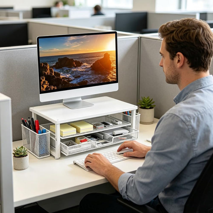 Monitorständer, Monitor Erhöhung Schreibtisch mit Schublade und Stifthaltern, 2-stufiger ergonomisch