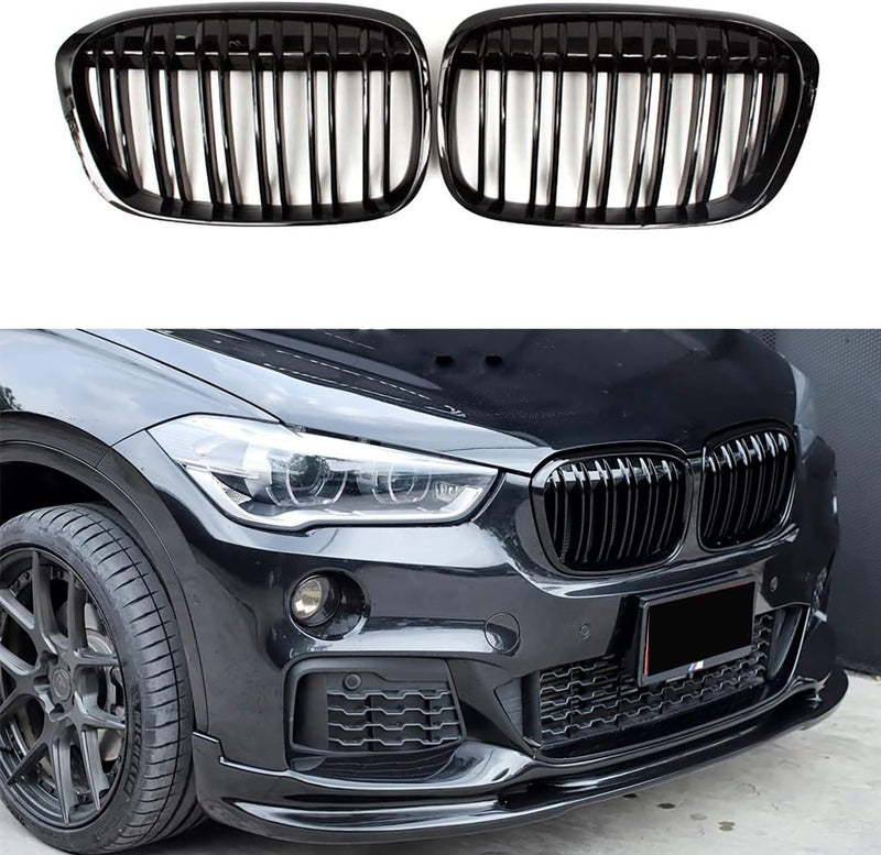 Gangying Kühlergrill Passend für BMW X1 F48 F49 2016 2017 2018 2019 Schwarz Glanz Kühler Front Doppe