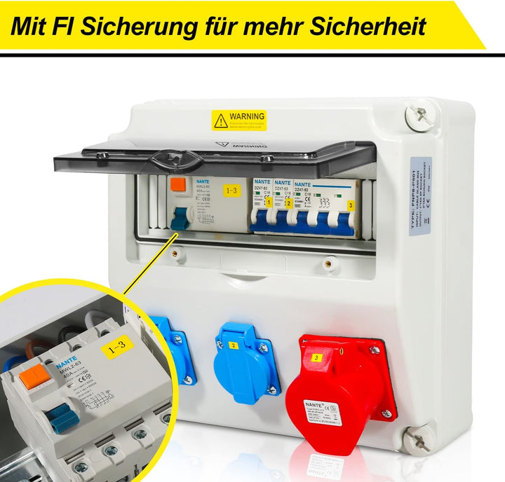 Fiqops Baustromverteiler 16A, Stromverteiler 1x400V+2x230V, Baustromverteiler 16A mit FI Schalter, S