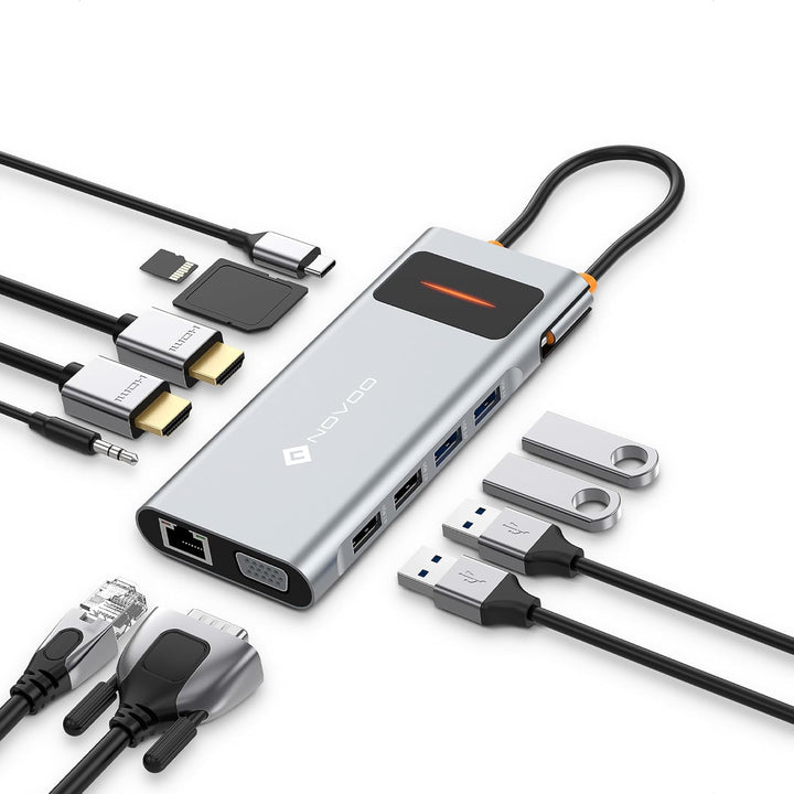 Docking Station USB C Triple Display, NOVOO 12 in 1 USB-C-Hub mit 2 HDMI, VGA, Ethernet, SD/TF-Karte