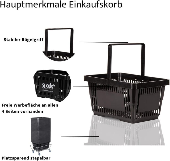 10x Einkaufskorb schwarz 22l | 1 Tragebügel Kunststoffkorb Körbe stapelbar | Tragekorb stabil | Plas