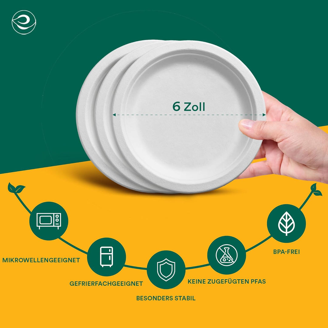 ECO SOUL Pearl White Runde 15cm Bagasse Pappteller (100 Stück), Einweggeschirr und 100% Kompostierba