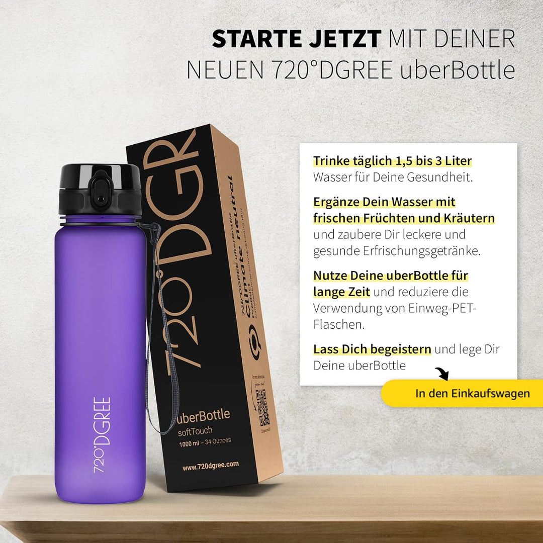 720°DGREE Trinkflasche 1l Sport “uberBottle“ softTouch +Sieb - BPA-Frei - Wasserflasche für Uni, Arb