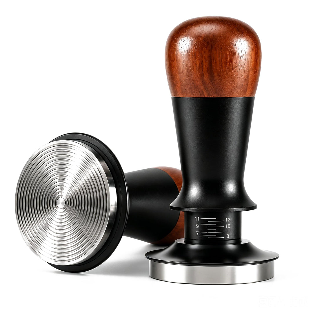 Kaffee Tamper, Kaffeemehlpresser mit Holzgriff, kaffeestempel Edelstahl mit Base Ripple, Espresso Ta