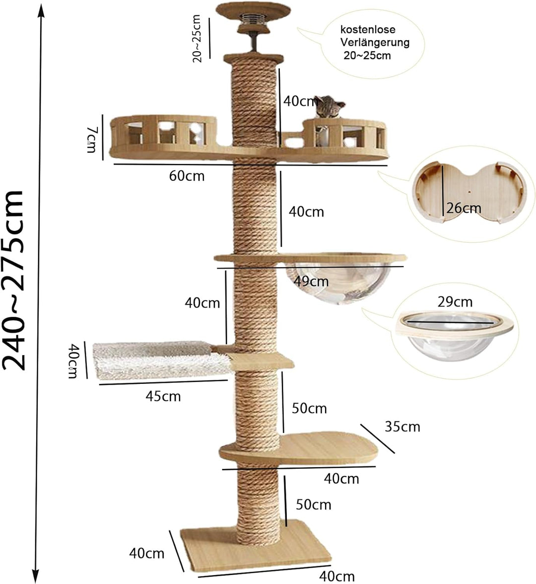 Kratzbaum deckenspanner,Raumkapsel,Katzenhängematte, Vollständig mit Sisalseil umwickelt,Breite von