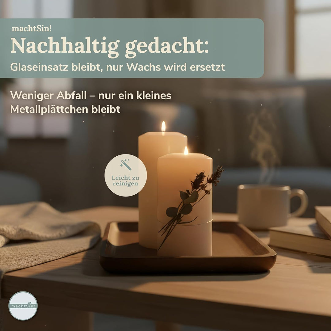machtSin! Teelichthalter in Kerzenoptik warmweiss – ∅ 8cm, Höhe 9cm: Dauerkerze Stumpenkerzen aus sp