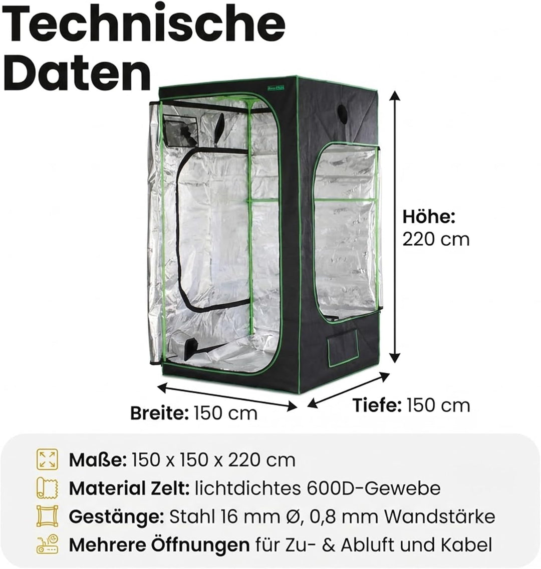Easy Act Dark Box Growzelt 150x150x220 cm, lichtdichte Indoor-Growbox mit stabilem Gestänge und hoch