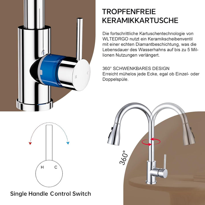 WLTEDRGO Wasserhahn Küche Ausziehbar, Hochdruck Küchenarmatur mit Brause, Armatur Küche mit 3 Strahl