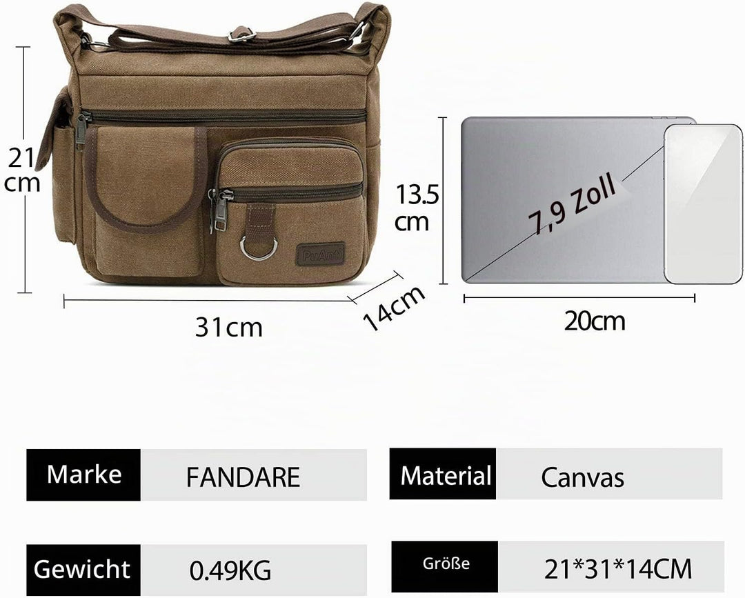FANDARE Umhängetasche Schultertasche 7.9 inch iPad Tasche Unisex Vintage Canvas Messenger Tasche für