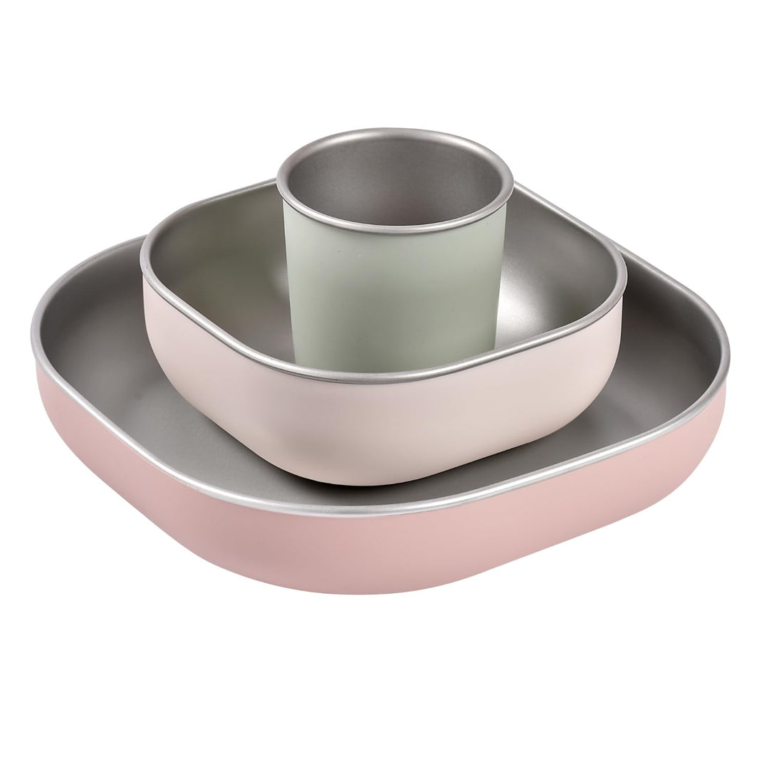 BÉABA Baby-Essensset Edelstahl 3-teilig – Glas + 2 Teller mit Silikonhülle, Mikrowellen- & Spülmasch