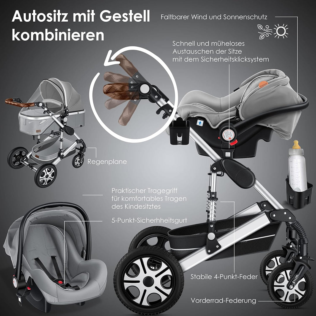 KESSER® Loops 3 in 1 Kinderwagen Kombikinderwagen Komplett-Set inkl. Babywanne & Buggy Sportsitz & A