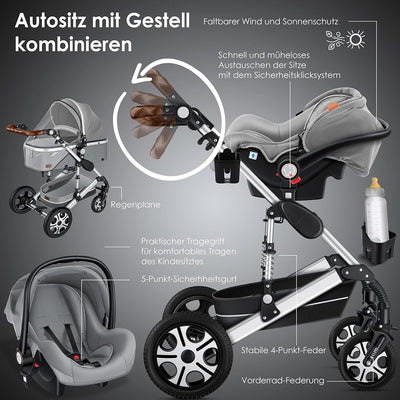 KESSER® Loops 3 in 1 Kinderwagen Kombikinderwagen Komplett-Set inkl. Babywanne & Buggy Sportsitz & A