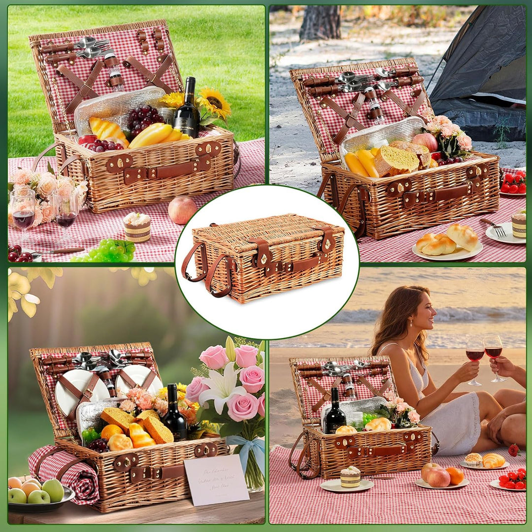 Wicker Picknickkorb Set für 4 Person mit Kühlfach und wasserdichte Picknickdecke, Abnehmbarer Riemen