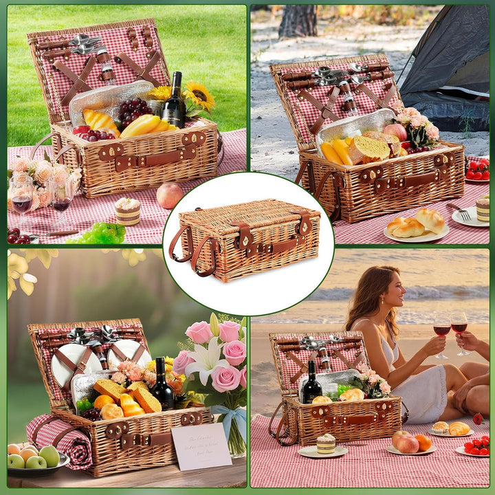 Wicker Picknickkorb Set für 4 Person mit Kühlfach und wasserdichte Picknickdecke, Abnehmbarer Riemen