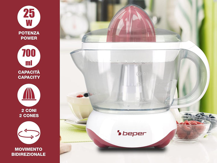 BEPER BP.101H Orangenpresse Elektrische 700 ml - Zitruspresse Elektrisch Weiss/Rot, ROT