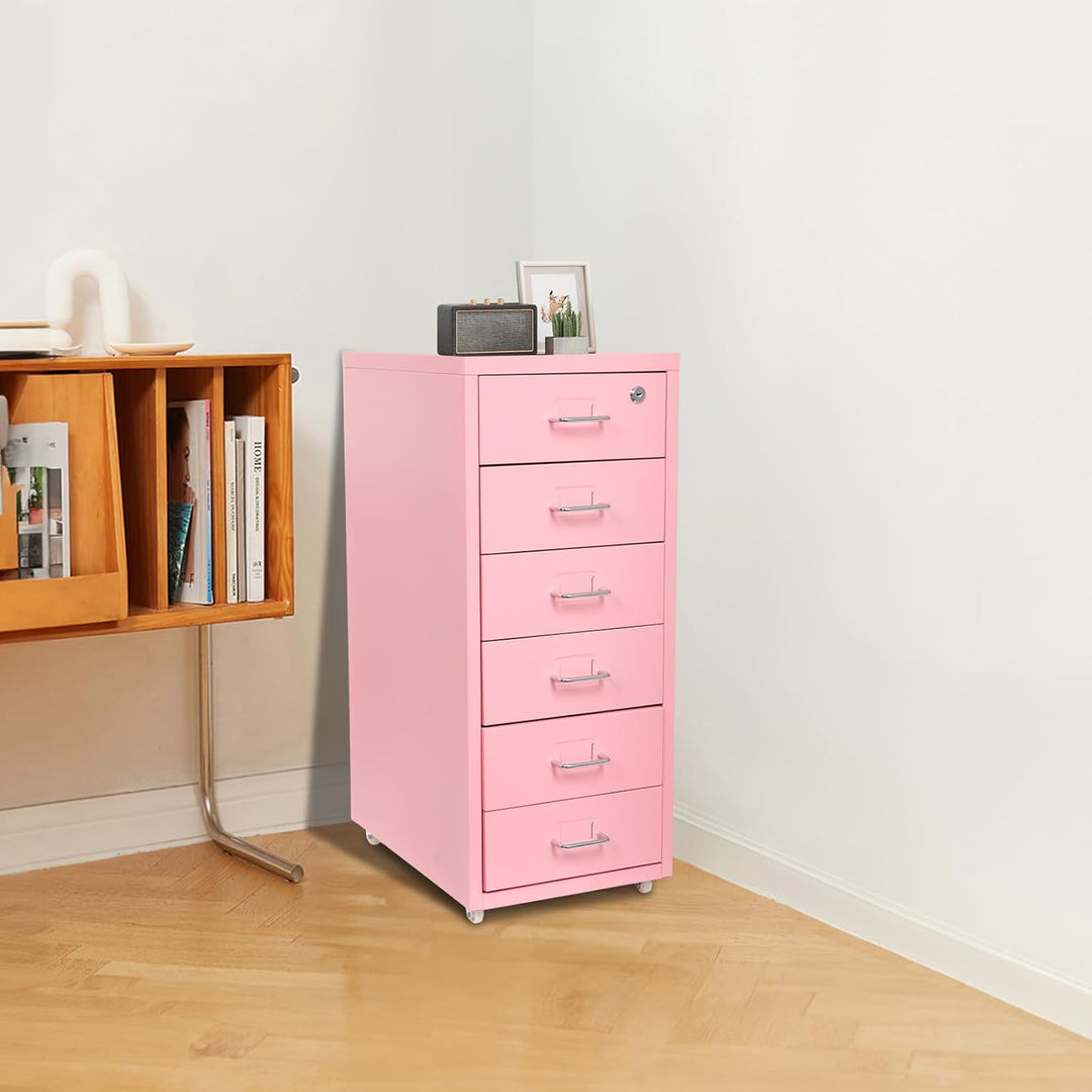 Rollcontainer mit 6 Schublade, Mobiler Aktenschrank, Metallschrank, Aktenschrank Abschliessbar mit S
