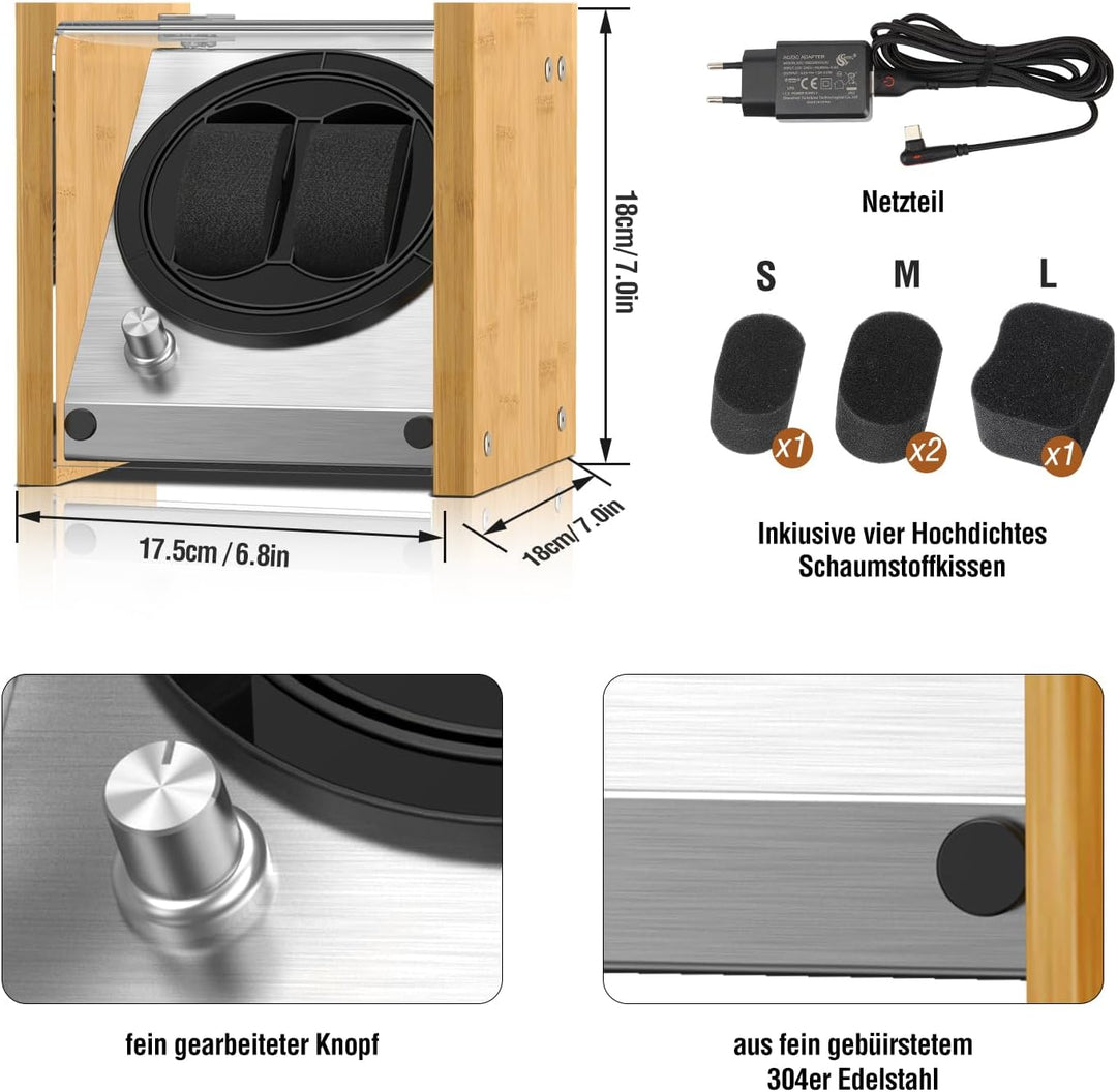 Watch Winder Smith Uhrenbeweger aus Bambusholz und Metall für 2 Uhren, WWS-B1BAM