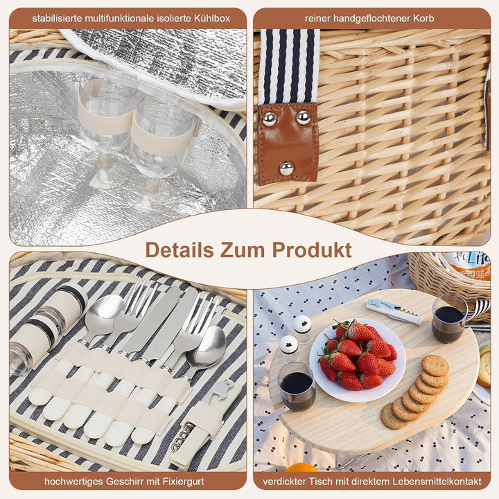 Picknickkorb für 4 - Weiden-Picknick-Set mit Weintisch | Weidenkorb-Set mit isolierter Kühltasche fü