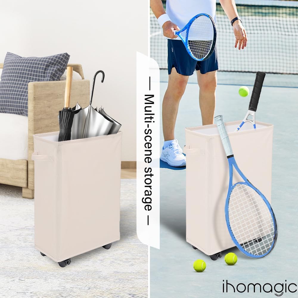 IHOMAGIC 40L Wäschekorb mit Rädern, Faltbarer Wäschesammler mit Rollen, Schmal Rechteckiger Wäschebe