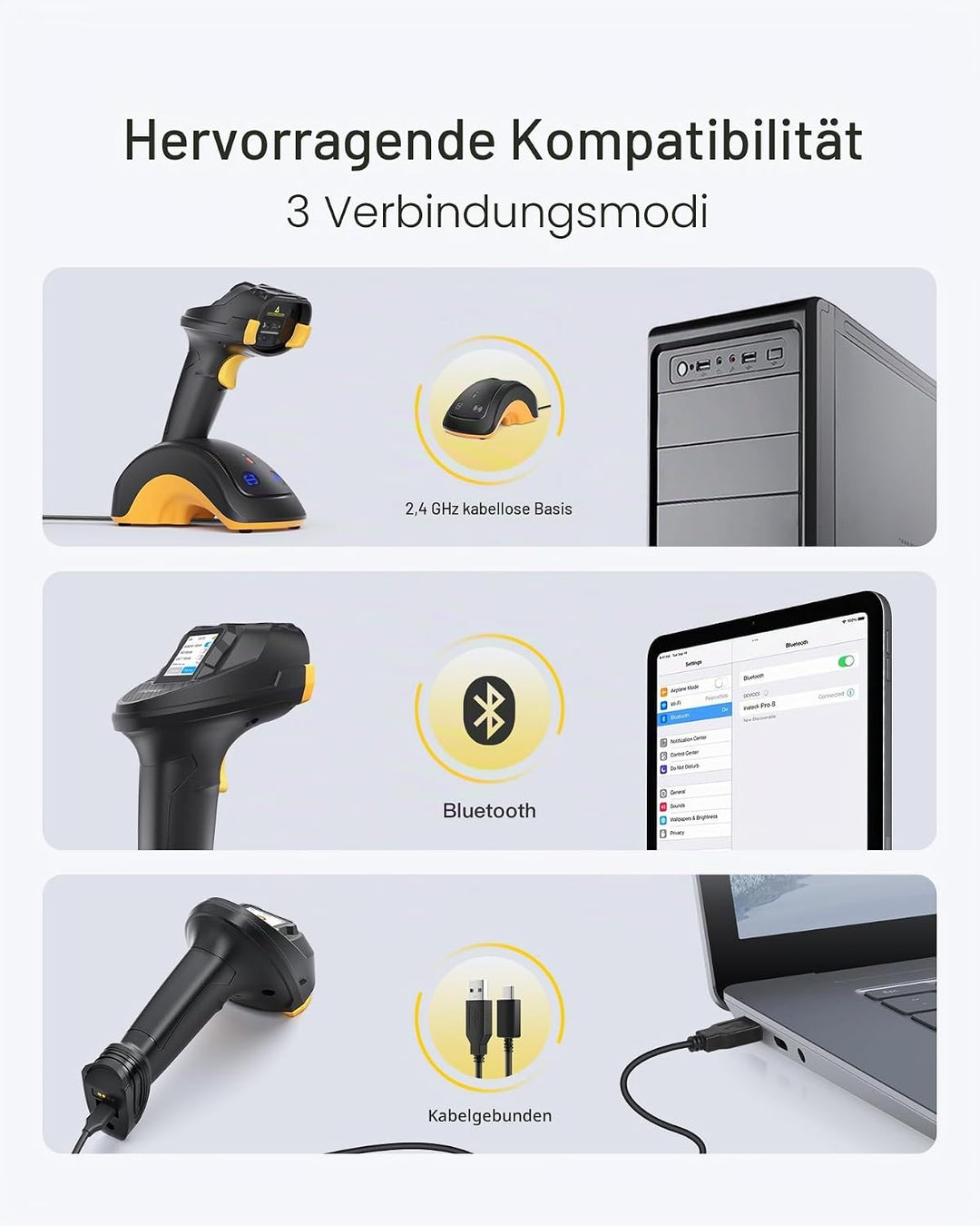 Inateck Barcode Scanner Bluetooth, 2D 1D Wireless Handheld Scanner, QR Code Scanner, mit Touchscreen