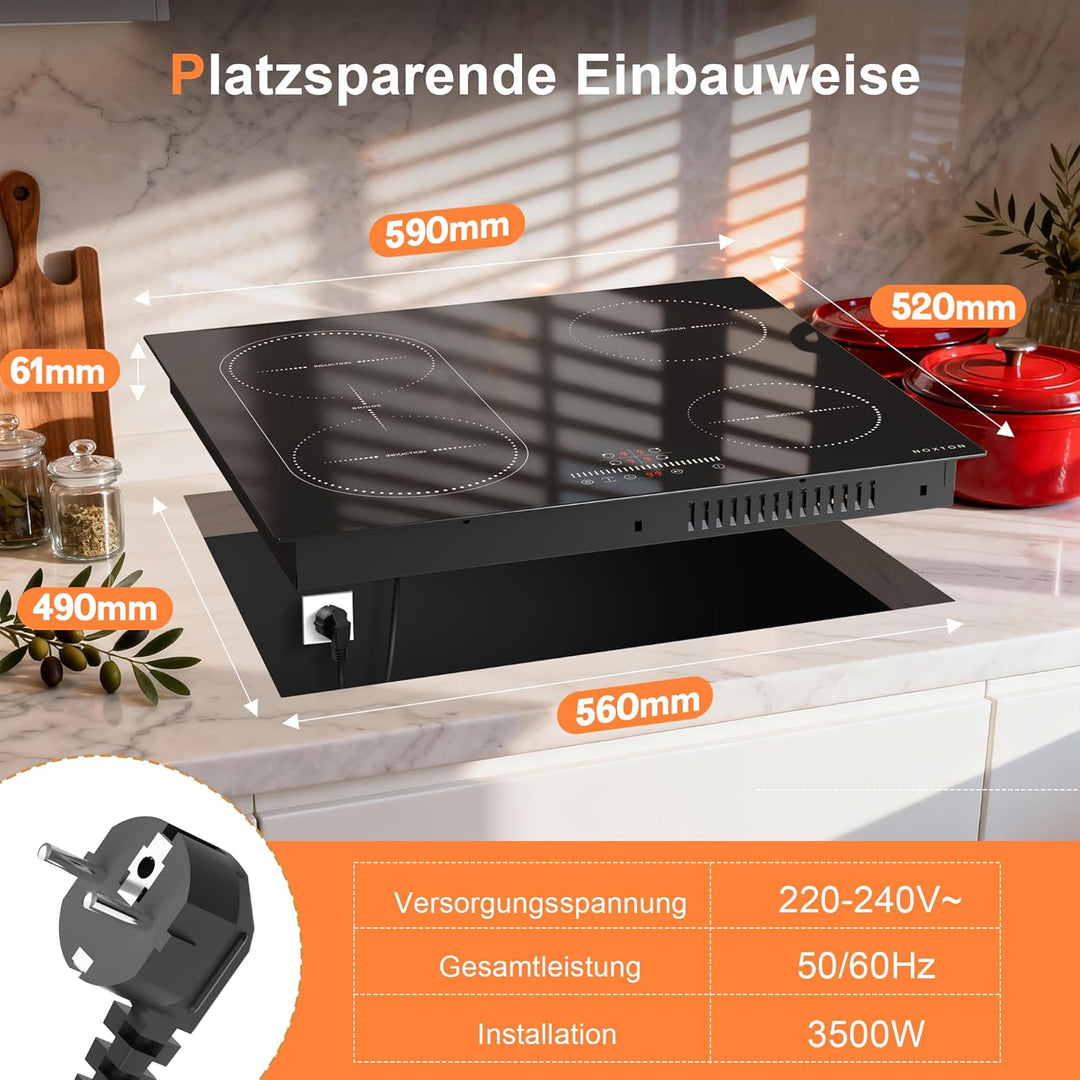 NOXTON Induktionskochfeld Einbau, Kochfeld Induktion 3500w - Flexzonen 4-Zonen, 3500w - Flexzonen 4-
