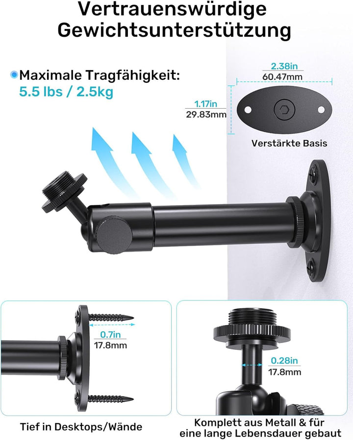 Mikrofon-Wandhalterung mit Kugelkopf – 180° und 360° Schwenkbar, 5/8„-27 Mikrofonflanschhalterung mi