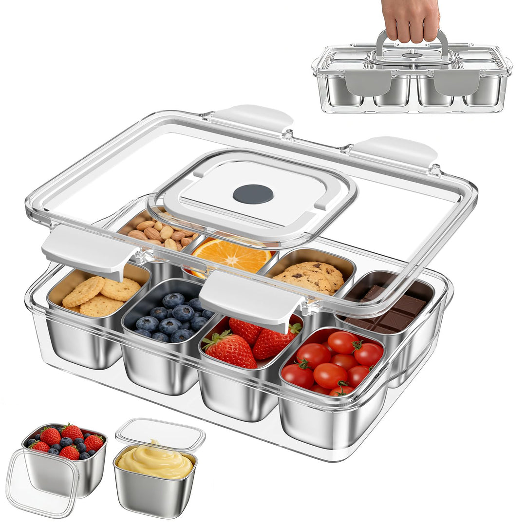 Snackbox Edelstahl mit 8 Fächern, Tragbar & Auslaufsicher Snackteller mit Deckel für Snacks, Süssigk