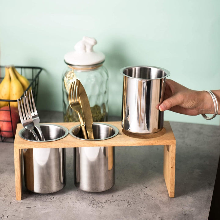 IMEEA Besteckhalter Küchen Utensilienhalter aus SUS304 Edelstahl und Baumholzbasis (3-teilig) 30,5 L