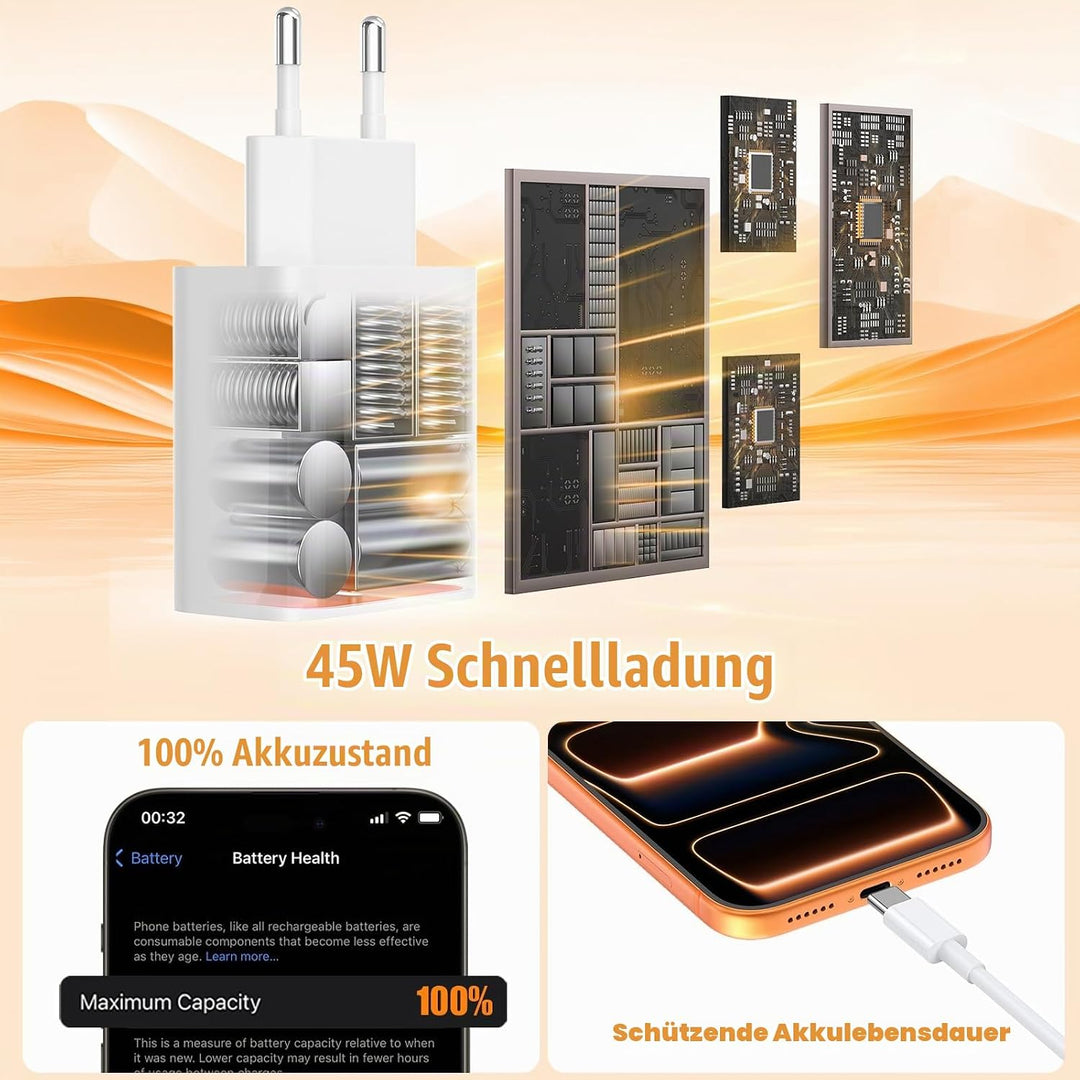 45W Dual Port USB C Ladegerät für iPhone 17E/17 Pro Max/Air,USB C Schnellladegerät Adapter Netzteil