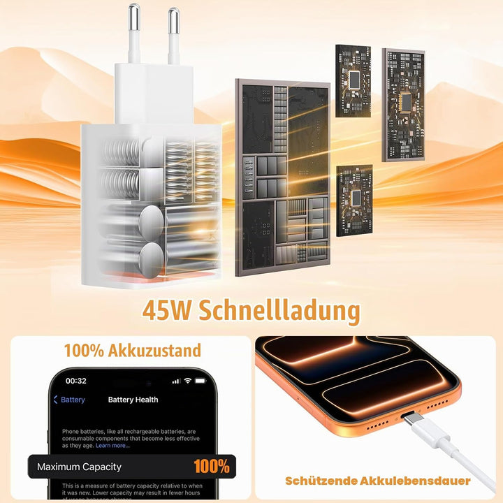 45W Dual Port USB C Ladegerät für iPhone 17E/17 Pro Max/Air,USB C Schnellladegerät Adapter Netzteil