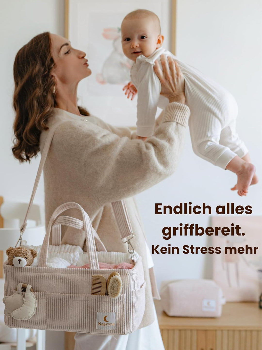 Wickelkorb Organizer aus Cord Set 2 in 1 mit Schultergurt und Windeltasche – Wickeltisch Organizer B