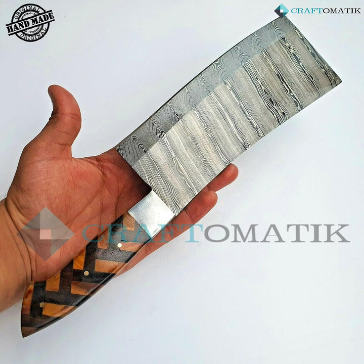 Craftomatik Damast Stahl Hackmesser | Chef Hackbeil Küchenbeil | Metzger Fleischerbeil | Olivenholz