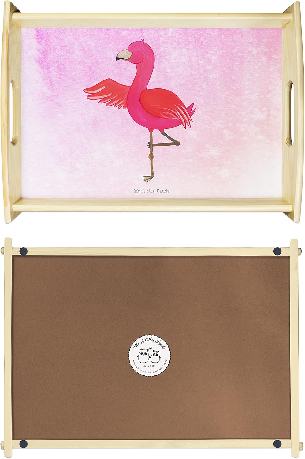 Mr. & Mrs. Panda Tablett Flamingo Yoga - Geschenk, Rosa, Yogi, Deko, Achtsamkeit, Baum, Urlaub, Holz