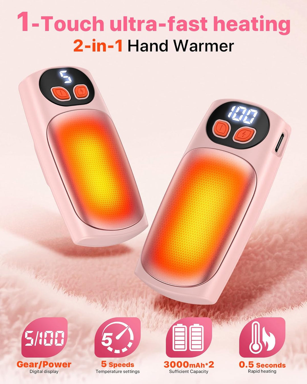 Handwärmer Elektrisch 2er-Pack, LED-Anzeige & 5 Heizstufen, USB-C Taschenwärmer, Ideal für Golf, Cam