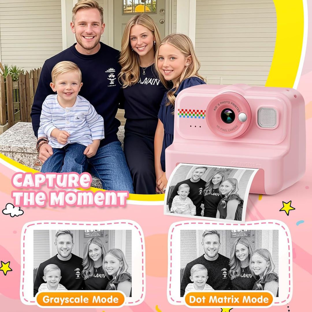 HiMont Kinderkamera Sofortbildkamera, 1080P Sofortbildkamera Kinder mit 32GB Karte & 3 Rollen Druckp